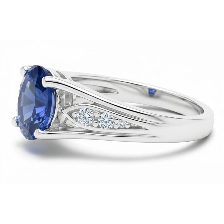 1.50 Carats Blue Oval Sapphire And Round Natural Earth Mined Diamond Gold Ring 14K