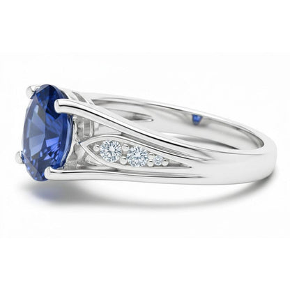 1.50 Carats Blue Oval Sapphire And Round Natural Earth Mined Diamond Gold Ring 14K