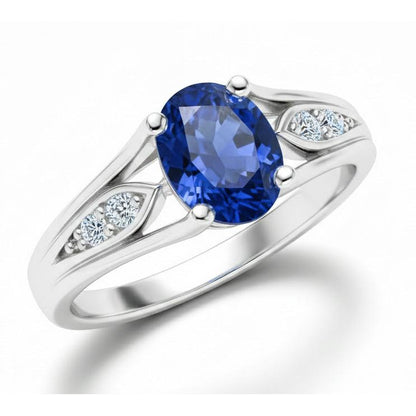 1.50 Carats Blue Oval Sapphire And Round Natural Earth Mined Diamond Gold Ring 14K