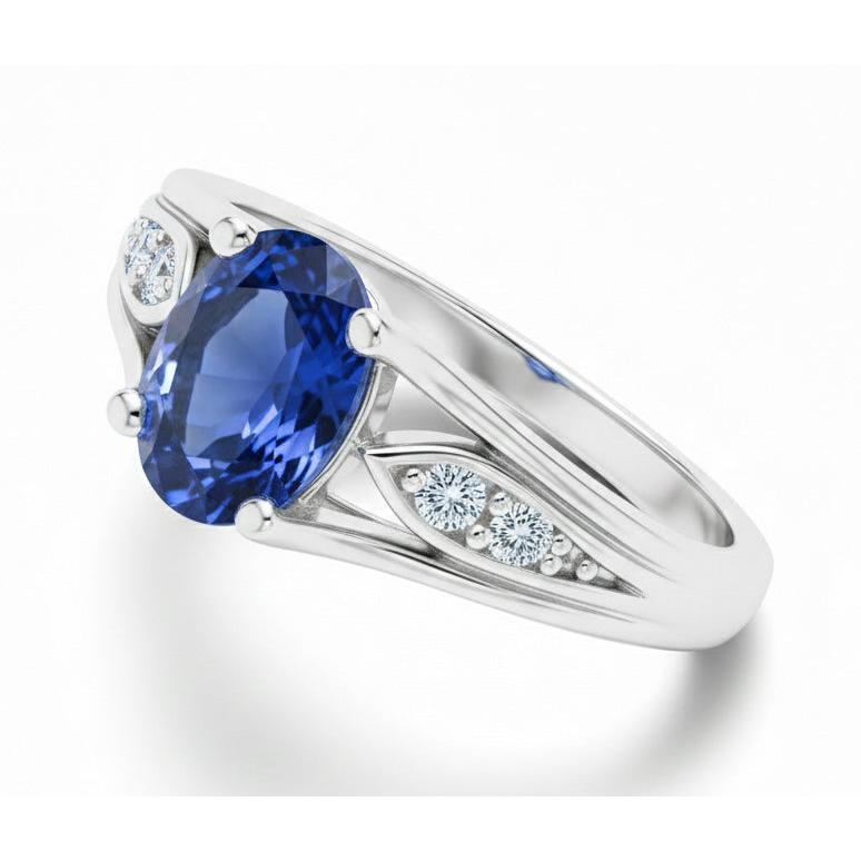 1.50 Carats Blue Oval Sapphire And Round Natural Earth Mined Diamond Gold Ring 14K