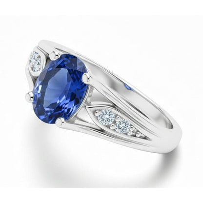 1.50 Carats Blue Oval Sapphire And Round Natural Earth Mined Diamond Gold Ring 14K