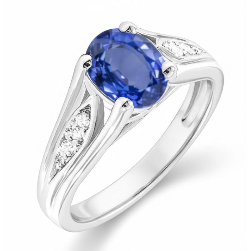 1.50 Carats Blue Oval Sapphire And Round Natural Earth Mined Diamond Gold Ring 14K