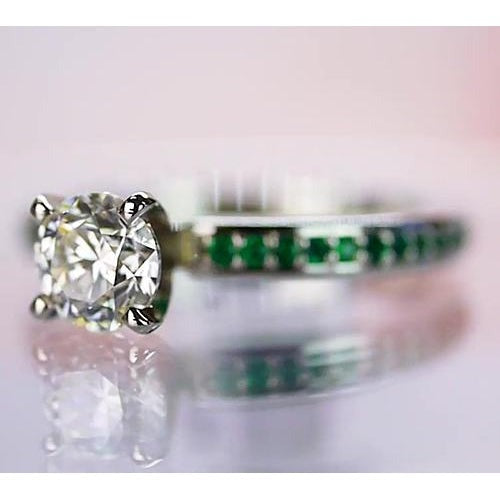 1.50 Carats Diamond Round Emerald Ring White Gold 14K