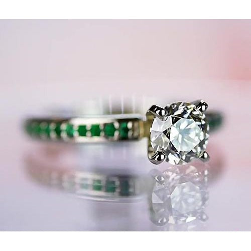 1.50 Carats Diamond Round Emerald Ring White Gold 14K