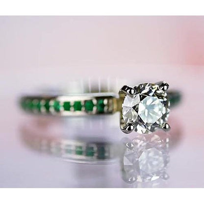 1.50 Carats Diamond Round Emerald Ring White Gold 14K