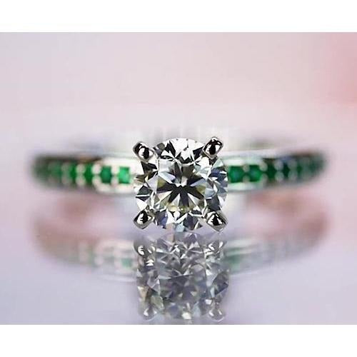 1.50 Carats Diamond Round Emerald Ring White Gold 14K
