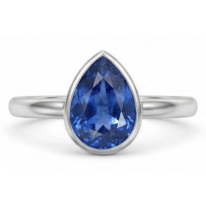 1.50 Carats Blue Sapphire Solitaire Ring Bezel Set Pear Shape Gold 14K