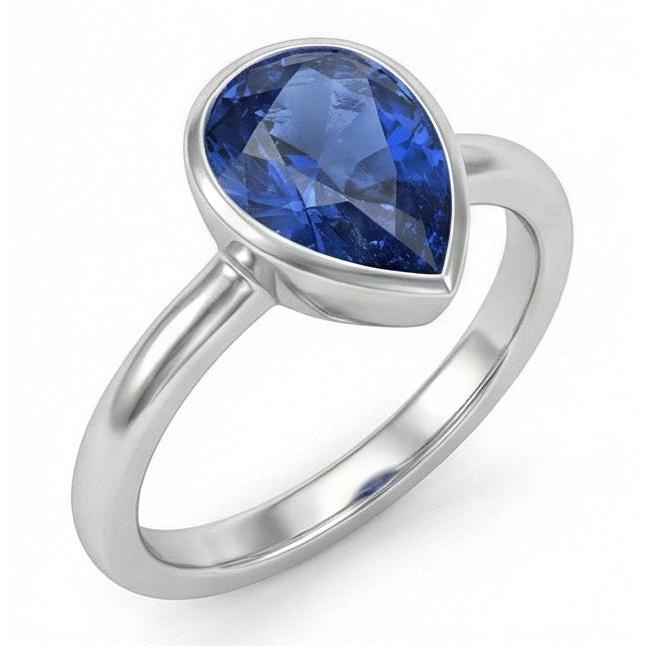 1.50 Carats Blue Sapphire Solitaire Ring Bezel Set Pear Shape Gold 14K