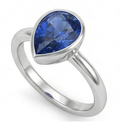 1.50 Carats Blue Sapphire Solitaire Ring Bezel Set Pear Shape Gold 14K