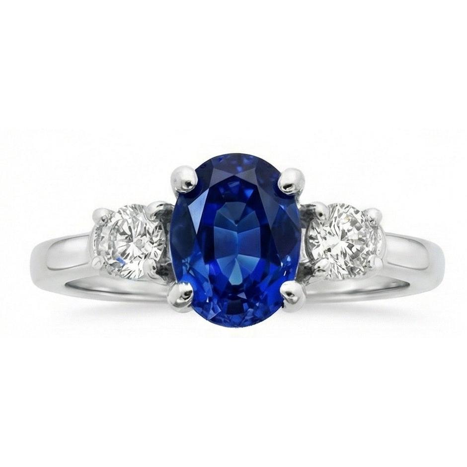 1.5 Ct Oval Sri Lanka Sapphire And Natural Earth Mined Diamond Three Stone Ring Gold 14K