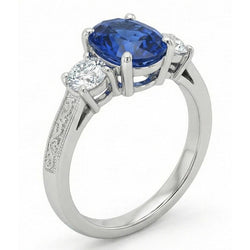 1.5 Ct Oval Sri Lanka Sapphire And Natural Earth Mined Diamond Three Stone Ring Gold 14K