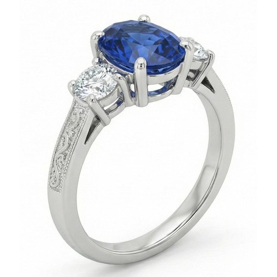 1.5 Ct Oval Sri Lanka Sapphire And Natural Earth Mined Diamond Three Stone Ring Gold 14K