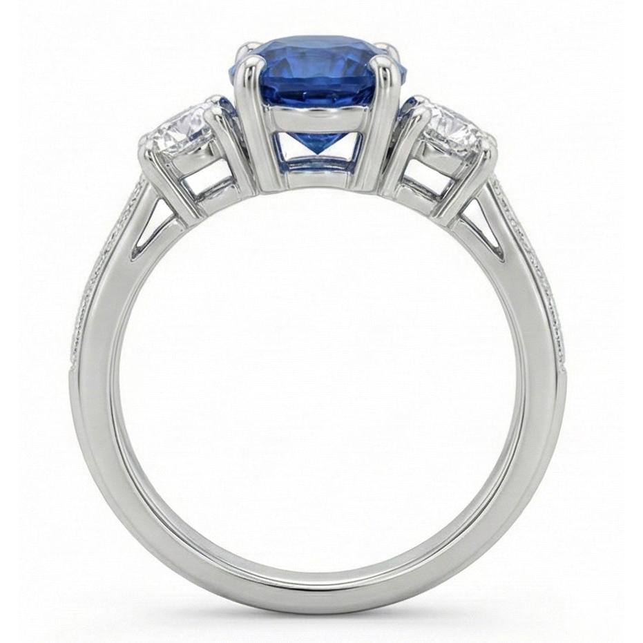 1.5 Ct Oval Sri Lanka Sapphire And Natural Earth Mined Diamond Three Stone Ring Gold 14K