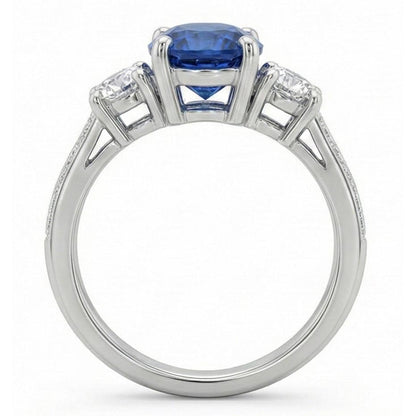 1.5 Ct Oval Sri Lanka Sapphire And Natural Earth Mined Diamond Three Stone Ring Gold 14K