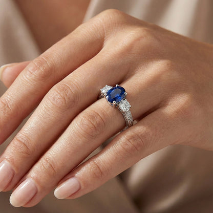 1.5 Ct Oval Sri Lanka Sapphire And Natural Earth Mined Diamond Three Stone Ring Gold 14K