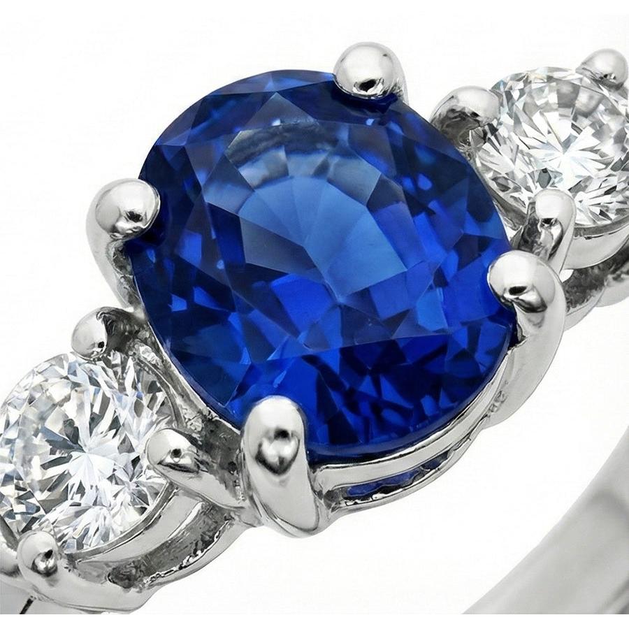 1.5 Ct Oval Sri Lanka Sapphire And Natural Earth Mined Diamond Three Stone Ring Gold 14K