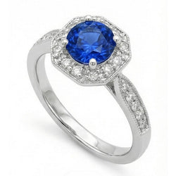 1.5 Ct Sapphire And Natural Earth Mined Diamond Wedding Ring 14K White Gold
