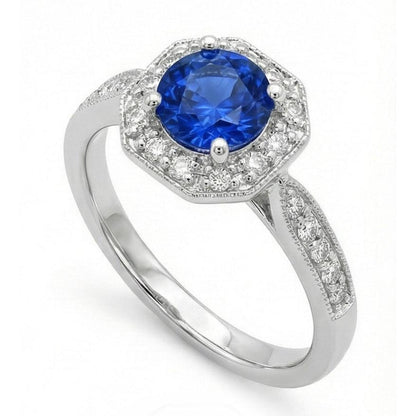 1.5 Ct Sapphire And Natural Earth Mined Diamond Wedding Ring 14K White Gold