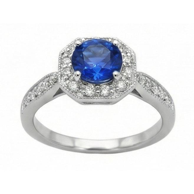 1.5 Ct Sapphire And Natural Earth Mined Diamond Wedding Ring 14K White Gold