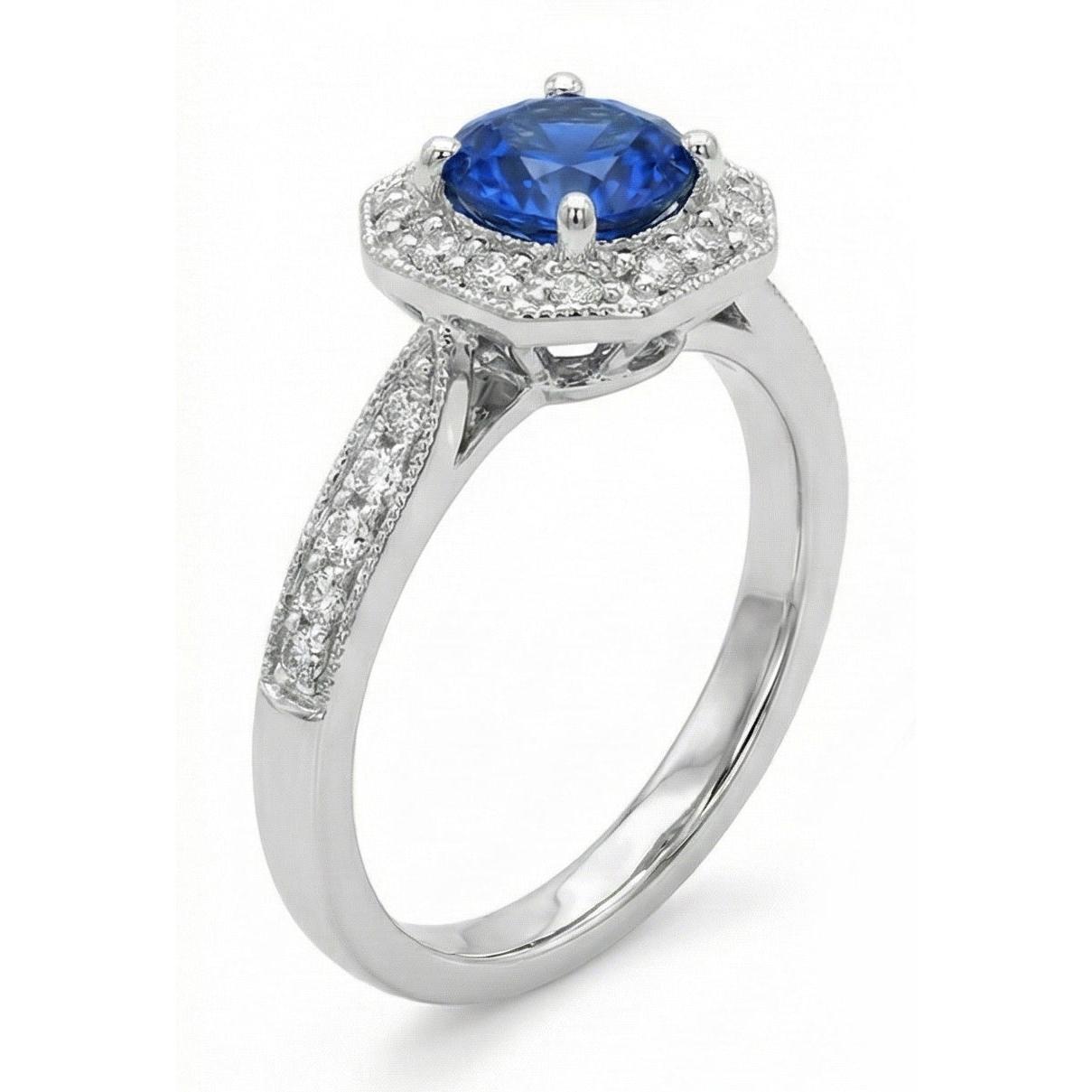 1.5 Ct Sapphire And Natural Earth Mined Diamond Wedding Ring 14K White Gold