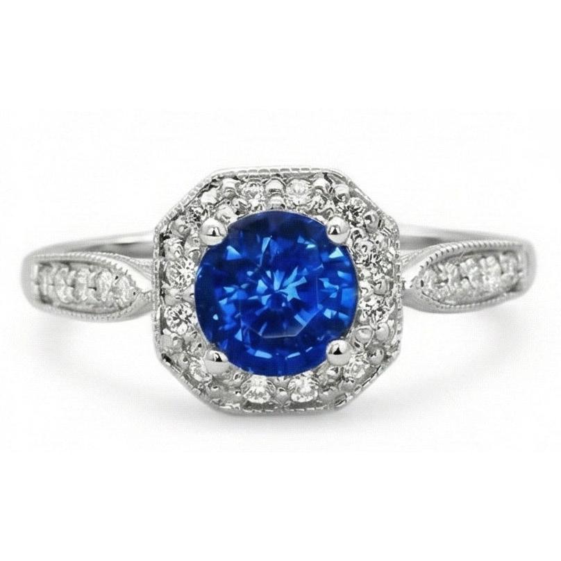 1.5 Ct Sapphire And Natural Earth Mined Diamond Wedding Ring 14K White Gold