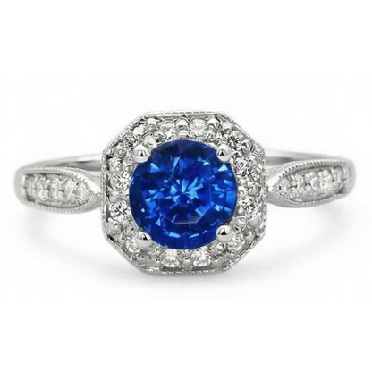 1.5 Ct Sapphire And Natural Earth Mined Diamond Wedding Ring 14K White Gold