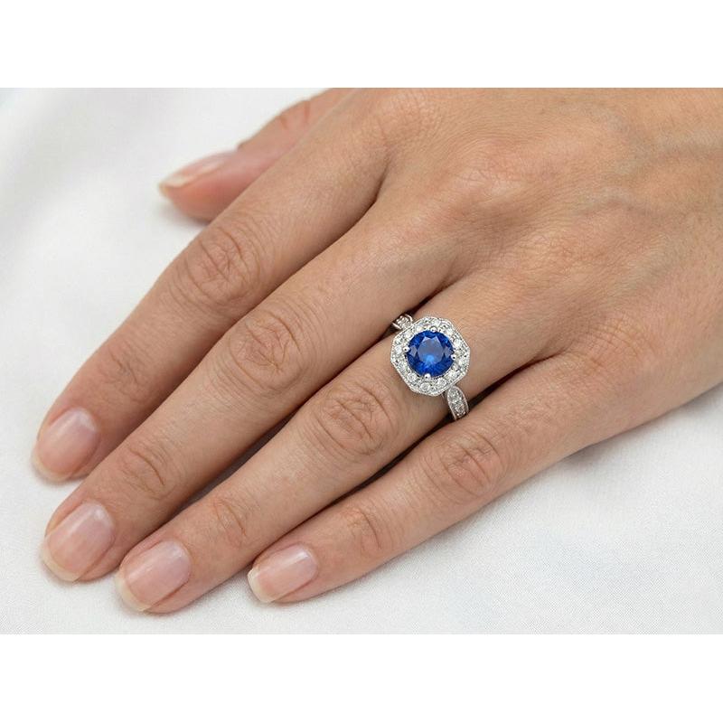 1.5 Ct Sapphire And Natural Earth Mined Diamond Wedding Ring 14K White Gold