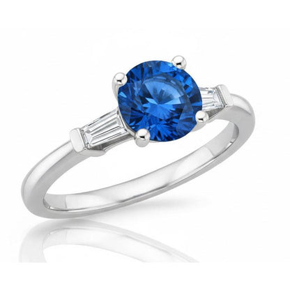 1.5 Ct Sri Lanka Sapphire And Baguette Natural Earth Mined Diamond 3 Stone Ring