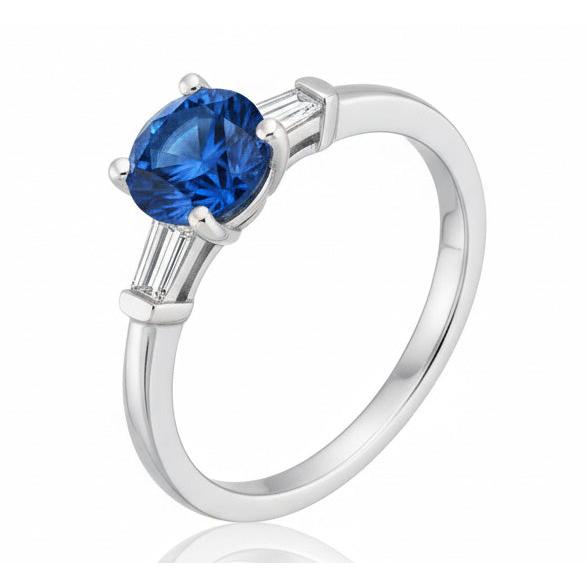 1.5 Ct Sri Lanka Sapphire And Baguette Natural Earth Mined Diamond 3 Stone Ring