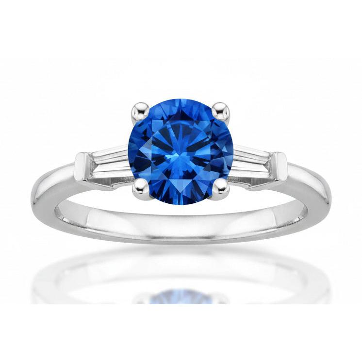 1.5 Ct Sri Lanka Sapphire And Baguette Natural Earth Mined Diamond 3 Stone Ring