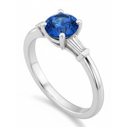 1.5 Ct Sri Lanka Sapphire And Baguette Natural Earth Mined Diamond 3 Stone Ring