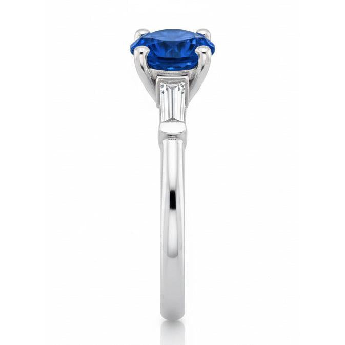 1.5 Ct Sri Lanka Sapphire And Baguette Natural Earth Mined Diamond 3 Stone Ring