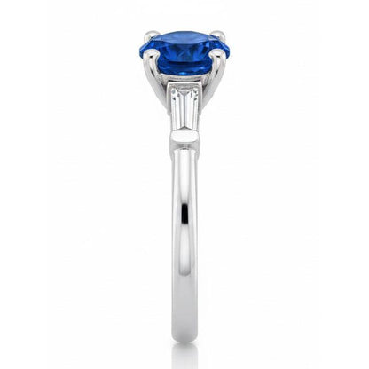 1.5 Ct Sri Lanka Sapphire And Baguette Natural Earth Mined Diamond 3 Stone Ring