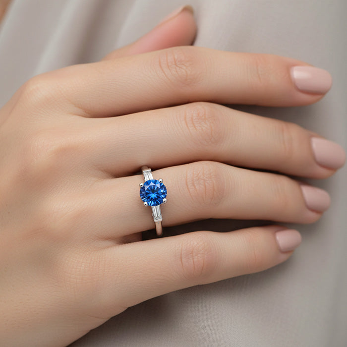 1.5 Ct Sri Lanka Sapphire And Baguette Natural Earth Mined Diamond 3 Stone Ring