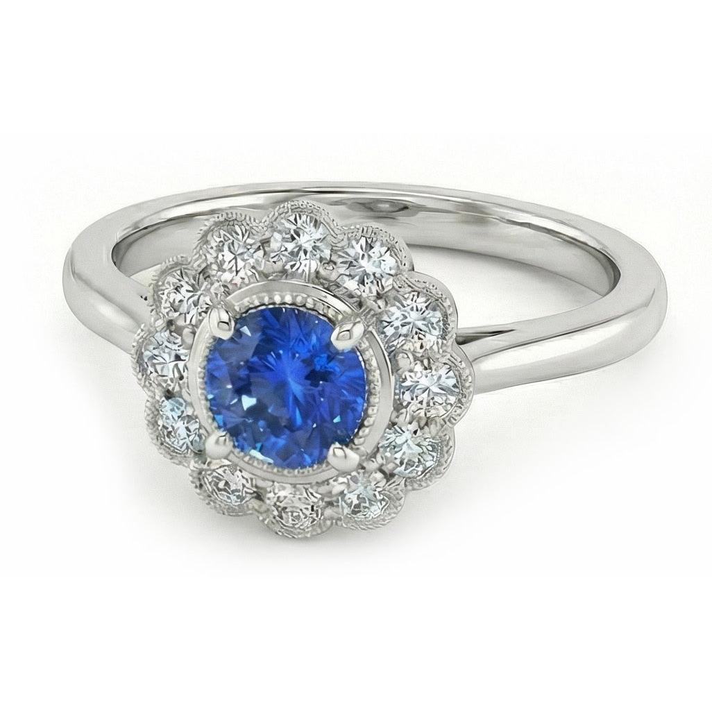 1.6 Ct Round Natural Earth Mined Diamond And Sapphire Gemstone Ring 14K White Gold