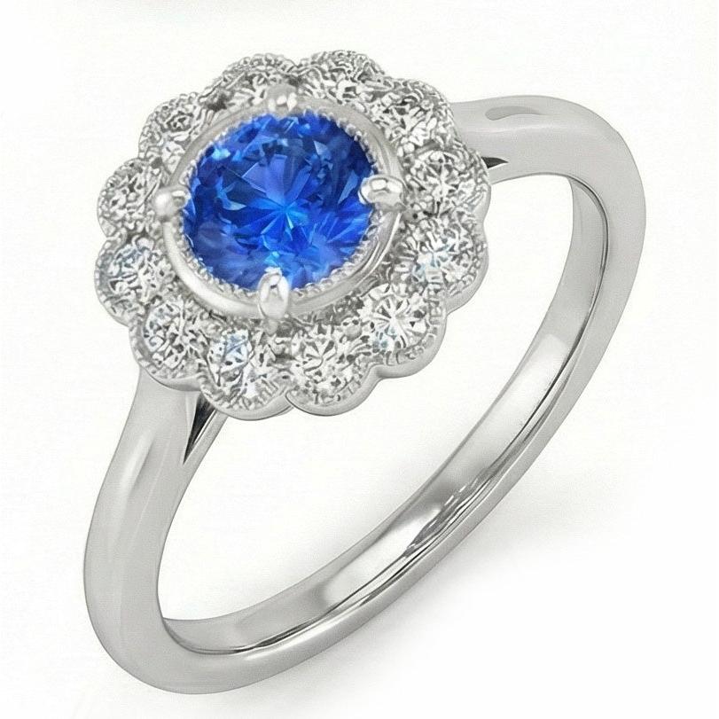 1.6 Ct Round Natural Earth Mined Diamond And Sapphire Gemstone Ring 14K White Gold