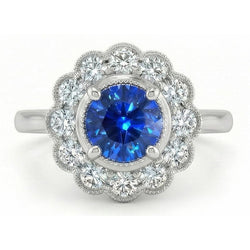 1.6 Ct Round Natural Earth Mined Diamond And Sapphire Gemstone Ring 14K White Gold