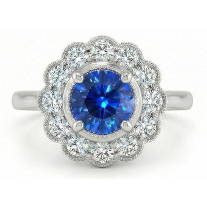 1.6 Ct Round Natural Earth Mined Diamond And Sapphire Gemstone Ring 14K White Gold