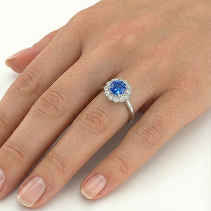 1.6 Ct Round Natural Earth Mined Diamond And Sapphire Gemstone Ring 14K White Gold