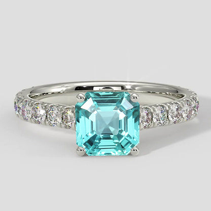 Natural Real ( Not Lab Grown )  1.75 Carats Asscher Paraiba Ring with Pave Band