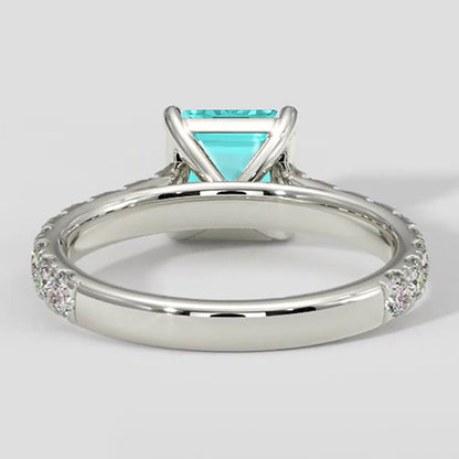 Natural Real ( Not Lab Grown )  1.75 Carats Asscher Paraiba Ring with Pave Band