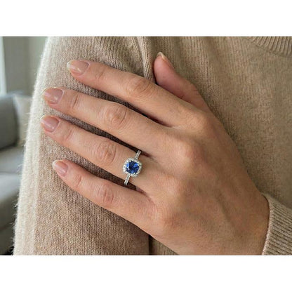 1.75 Ct Blue Cushion Cut Ceylon Sapphire With Natural Earth Mined Diamond Wedding Ring