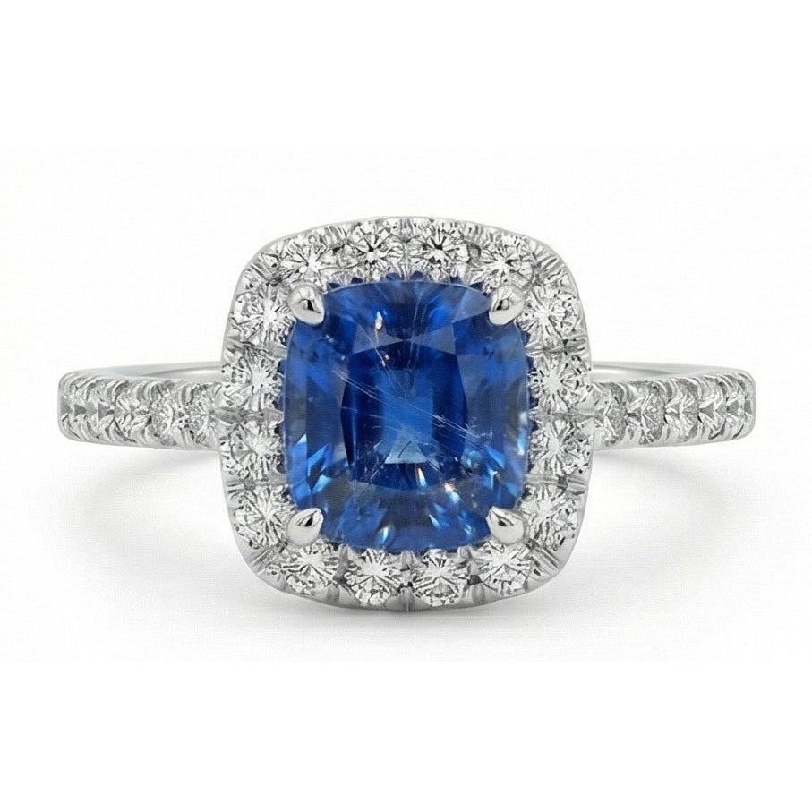 1.75 Ct Blue Cushion Cut Ceylon Sapphire With Natural Earth Mined Diamond Wedding Ring