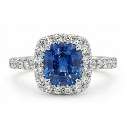 1.75 Ct Blue Cushion Cut Ceylon Sapphire With Natural Earth Mined Diamond Wedding Ring