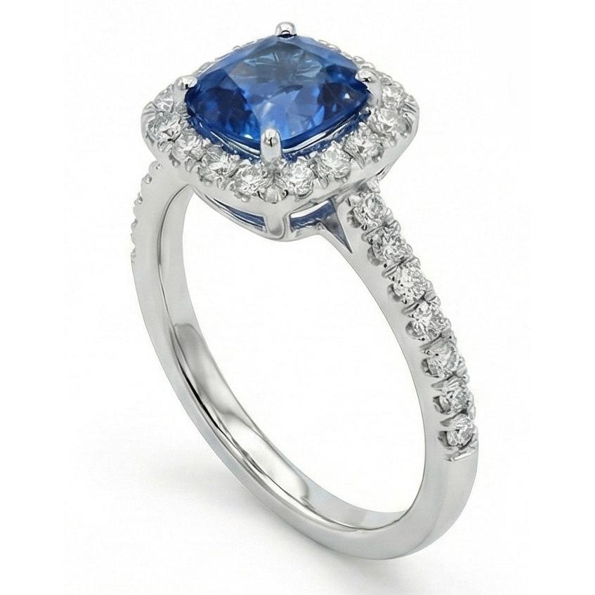 1.75 Ct Blue Cushion Cut Ceylon Sapphire With Natural Earth Mined Diamond Wedding Ring