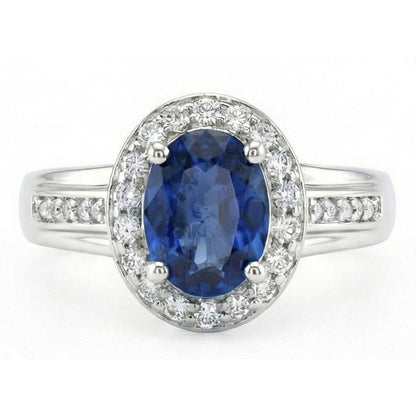 1.80 Carat Sri Lankan Sapphire And Round Natural Earth Mined Diamonds Ring 14K White Gold