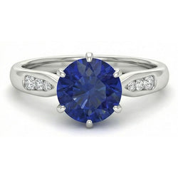 1.80 Carats Blue Ceylon Sapphire With Natural Earth Mined Diamonds Ring White Gold 14K