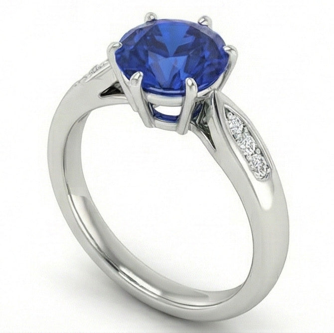1.80 Carats Blue Ceylon Sapphire With Natural Earth Mined Diamonds Ring White Gold 14K
