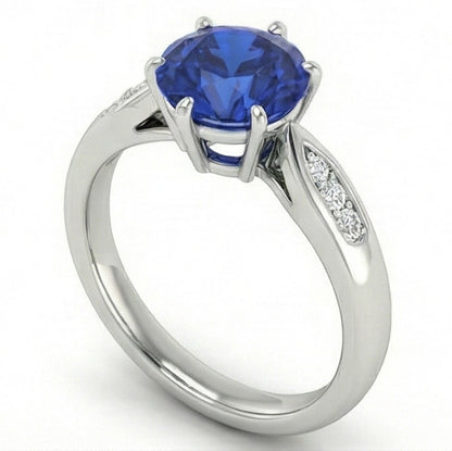 1.80 Carats Blue Ceylon Sapphire With Natural Earth Mined Diamonds Ring White Gold 14K
