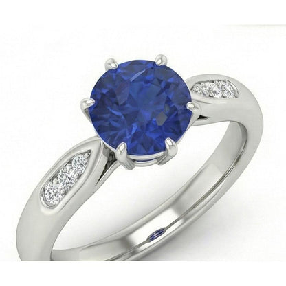 1.80 Carats Blue Ceylon Sapphire With Natural Earth Mined Diamonds Ring White Gold 14K